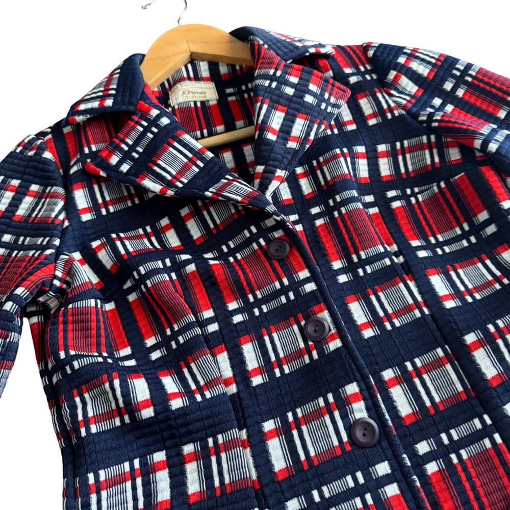 Vintage‎ 60s 70s Red Navy White Plaid Tartan Knit Blazer Jacket Size 10 JC Penny
